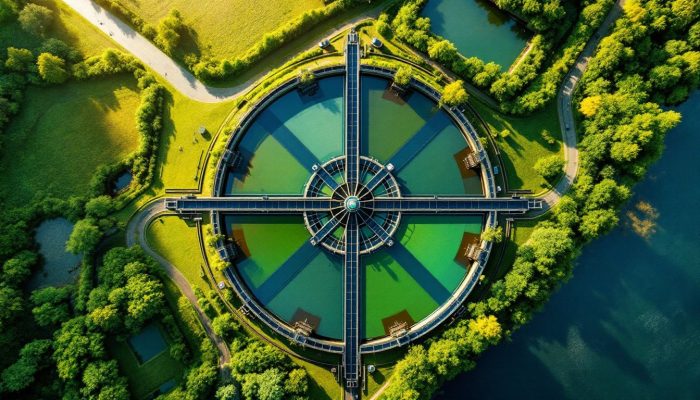 Gambar ini menunjukkan tampilan dari atas fasilitas pengolahan air limbah dengan pola geometris yang menarik.